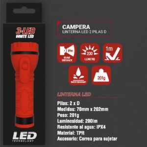 LINTERNA TRONEX 3 LED 200 LUMENES ENCAUCHETADO ROJO (PILA D) (TRL60LR20CA)