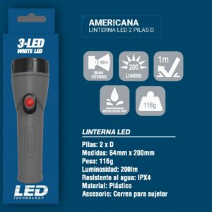 LINTERNA TRONEX AMERICANA 3 LED 200 LUMENES PLASTICA GRIS (PILA D) (TRL65LR20PLGR