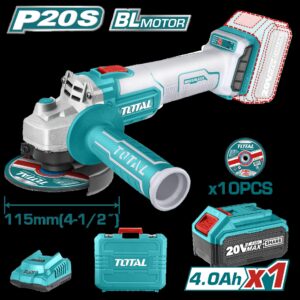 PULIDORA INALAMBRICA 4 1/2 INDUSTRIAL 20 V 1200W INCLUYE BATERIA 4.0 AH, CARGADOR Y 10 DISCOS, MOTOR SIN ESCOBILLAS TOTAL (UTAGLI2011587)