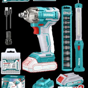 PISTOLA IMPACTO INALAMBRICA 1/2 20V 300 NM INCLUYE 2 BATERIAS 1 CARGADOR 1 LAMPARA DE TRABAJO 1 ADAPTADOR Y 10 PUNTAS TALADRO TOTAL (UTOSLI231004)