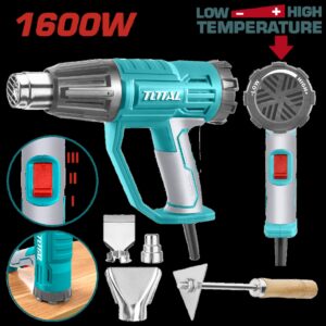 PISTOLA CALOR CON TEMPERATURA AJUSTABLE 1600W INCLUYE 3 BOQUILLAS Y 1 RASCADOR INDUSTRIAL TOTAL (UTB16045)