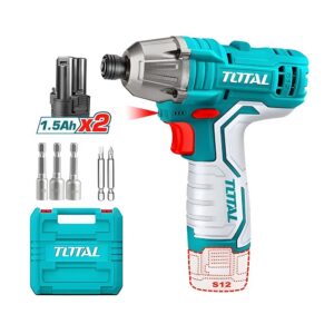 ATORNILLADOR DE IMPACTO INALAMBRICO 1/4 12V 100NM INCLUYE 2 BATERIAS, 2 PUNTA TALADRO Y 3 COPAS CAJA PLASTICA SUPER TOTAL (TIRLI12015)