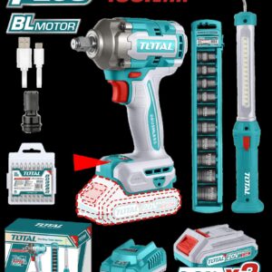 PISTOLA IMPACTO INALAMBRICA 1/2 20V 400 NM INCLUYE 2 BATERIAS 1 CARGADOR 1 LAMPARA DE TRABAJO 1 ADAPTADOR , COPAS Y 10 PUNTAS TALADRO SUPER TOTAL (UTOSLI23048)
