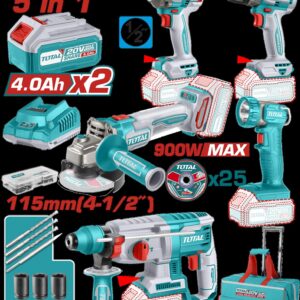 COMBO INALAMBRICO 20V TALADRO 3/8" 52NM + PISTOLA IMPACTO 1/2" 400NM + TALADRO ROTOMARTILLO 2.5 JULES + PULIDORA 4 1/2" + LINTERNA INCLUYE 2 BATERIA 20V(4.0AH) INCLUYE 25 DISCOS DE CORTE Y ACCESORIOS INDUSTRIAL SUPER TOTAL (UTCKLI2058)