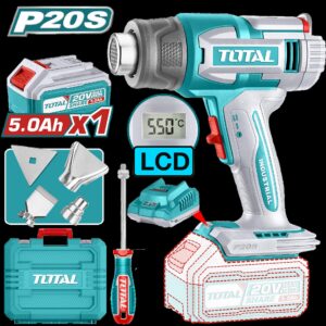 PISTOLA CALOR INALAMBRICA 20V CON TEMPERATURA AJUSTABLE PANTALLA LCD INCLUYE 4 BOQUILLAS 1 BATERIA 5.0AH Y 1 CARGADOR INDUSTRIAL SUPER TOTAL (UTBLI20035)