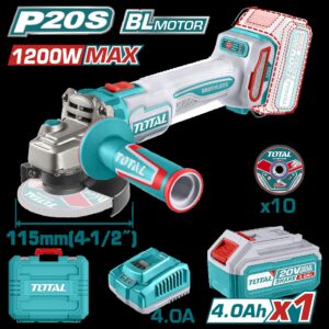 PULIDORA INALAMBRICA 4 1/2 INDUSTRIAL 20 V 1200W INCLUYE BATERIA 4.0 AH, CARGADOR Y 10 DISCOS, MOTOR SIN ESCOBILLAS INDUSTRIAL SUPER TOTAL (UTAGLI2211531A)