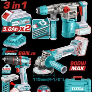 COMBO INALAMBRICO 20V X 3 PZS TALADRO ATORNILLADOR INALAMBRICO 1/2 66 NM + PULIDORA INALAMBRICA 4 1/2 + TALADRO ROTOMARTILLO SDS PLUS 4.5 JULES INLCUYE 2 BATERIAS 5.0AH , 1 CARGADOR , 10 DISCOS DE CORTE Y 47 ACCESORIOS INDUSTRIAL SUPER TOTAL (UTOSLI241183)