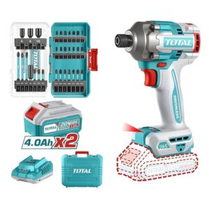 ATORNILLADOR DE IMPACTO INALAMBRICO 1/4 20V 285NM + JUEGO DE PUNTAS X 31 PZS INCLUYE 2 BATERIAS 4.0AH Y CARGADOR INDUSTRIAL SUPER TOTAL (UTOSLI240966)