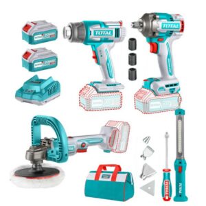 COMBO INALAMBRICO 20V POLICHADORA 7" + PISTOLA IMPACTO 1/2 400 NM + PISTOLA CALOR + LAMPARA DE TRABAJO 300 LUMENES INCLUYE 2 BATERIAS 5.0AH, 1 CARGADOR Y ACCESORIOS INDUSTRIAL SUPER TOTAL (UTOSLI241182)