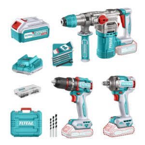 COMBO INALAMBRICO 20V TALADRO ATORNILLADOR 1/2" 66 NM + PISTOLA IMPACTO 1/2" 400 NM + TALADRO ROTOMARTILLO SDS PLUS 4.5 JULES INCLUYE 2 BATERIA 5.0AH , 1 CARGADOR Y ACCESORIOS INDUSTRIAL SUPER TOTAL (UTCKLI20638)