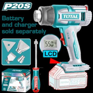 PISTOLA CALOR INALAMBRICA 20V CON TEMPERATURA AJUSTABLE PANTALLA LCD INCLUYE 4 BOQUILLAS 1 RASCADOR, BATERIA Y CARGADOR NO INCLUIDO INDUSTRIAL SUPER TOTAL (TBLI2003)