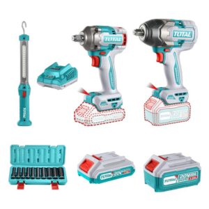 COMBO INALAMBRICO 20V PISTOLA IMPACTO INALAMBRICO 1/2 850 NM + PISTOLA IMPACTO INALAMBRICA 1/2 400 NM + LAMPARA DE TRABAJO 300 LUMENES RECARGABLE + 10 COPAS 1/2 (10-24MM) + 1 BATERIA 4.0 AH + 1 BATERIA 2.0 AH Y CARGADOR INDUSTRIAL SUPER TOTAL (UTOSLI241195)