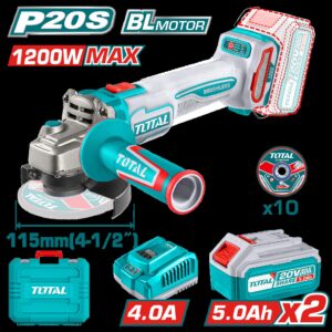PULIDORA INALAMBRICA 4 1/2 INDUSTRIAL 20V 1200W INCLUYE 10 DISCOS PARA CORTE DE METAL 2 BATERIAS 5.0 AH Y CARGADOR , MOTOR SIN ESCOBILLAS INDUSTRIAL SUPER TOTAL (UTAGLI2211532)