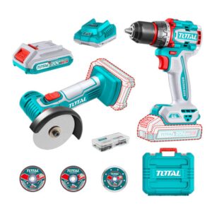 COMBO INALAMBRICO 20V X 2 PZS TALADRO 1/2 66 N.M + MINI PULIDORA 3" INCLUYE 2 BATERIAS 2.0 AH + CARGADOR + 7 DISCOS Y 47 ACCESORIOS INDUSTRIAL SUPER TOTAL (UTCKLI20766)