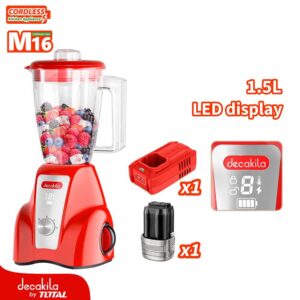 LICUADORA INALAMBRICA 16V 1.5L VASO PLASTICO INCLUYE BATERIA Y CARGADOR DECAKILA (KUJB051R)