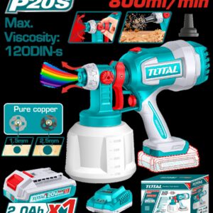 PISTOLA PINTAR INALAMBRICA 800ML 20V INCLUYE BATERIA 20V, CARGADOR, AGUJA DE LIMPIEZA Y DOS BOQUILLAS, TOTAL (UTSGLI20042)