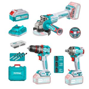 COMBO INALAMBRICO 20V TALADRO 1/2" 66 NM + PULIDORA 4 1/2" 1000W + PISTOLA IMPACTO 1/2 400 NM INCLUYE 2 BATERIA 20V(4.0AH),CARGADOR , 10 DISCOS DE CORTE Y ACCESORIOS INDUSTRIAL TOTAL (UTOSLI241291)