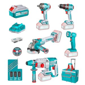 COMBO INALAMBRICO 20V TALADRO PERCUTOR ATORNILLADOR 1/2 66 NM + PISTOLA IMPACTO 1/2 20V 400 NM + TALADRO ROTOMARTILLO 1" 2.5JULES + PULIDORA 4 1/2 + LAMPARA DE TRABAJO 270LM INCLUYE 2 BATERIAS 4.0 AH , CARGADOR Y ACCESORIOS INDUSTRIAL SUPER TOTAL (UTCKLI20592)