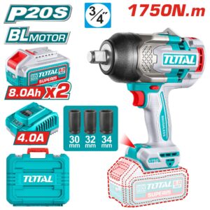 PISTOLA IMPACTO INALAMBRICA 3/4 20V 1750 NM INCLUYE 2 BATERIAS (8.0AH) 1 CARGADOR Y 3 COPAS 30,32,34 MM INDUSTRIAL TOTAL (UTIWLI20175)