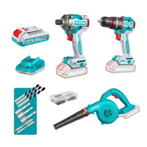 COMBO INALAMBRICO 20 V ATORNILLADOR IMPACTO 1/4" 285NM + TALADRO PERCUTOR 1/2" 76NM + SOPLADORA INCLUYE 2 BATERIAS 2.0AH, CARGADOR Y ACCESORIOS INDUSTRIAL TOTAL (UTOSLI250182)