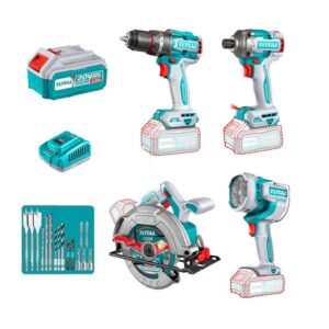 COMBO INALAMBRICO 20V TALADRO PERCUTOR 96NM + ATORNILLADOR DE IMPACTOR 1/2" 285NM + CIERRA CIRCULAR 7-1/4" + LAMPARA DE TRABAJO 2000LM + 2 BATERIAS 4.0AH + CARGADOR INCLUYE ACCESORIOS INDUSTRIAL TOTAL (UTOSLI241297)