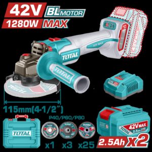 PULIDORA INALAMBRICA 4 1/2 INDUSTRIAL 42V 1280W INCLUYE DISCOS 2 BATERIAS 2.0 AH Y CARGADOR , MOTOR SIN ESCOBILLAS INDUSTRIAL SUPER TOTAL (UTAGLI4128112)