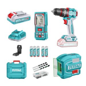 COMBO INALAMBRICO 20V NIVEL LASER 0-35M LUZ VERDE + MEDIDOR DE DISTANCIAS LASER 60MTS + TALADRO PERCUTOR 1/2" 76NM + 2 BATERIAS 2.0 AH + CARGADOR 20V Y ACCESORIOS INDUSTRIAL SUPER TOTAL (UTOSLI250511)