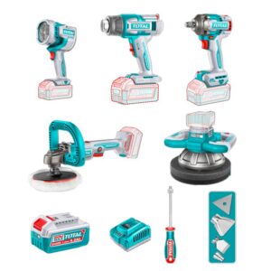 COMBO INALAMBRICO 20V POLICHADORA ORBITAL 10"+ POLICHADORA 7" + PISTOLA IMPACTO 1/2" 400 NM + LAMPARA DE TRABAJO LM2000 + PISTOLA CALOR CON TEMPERATURA AJUSTABLE PANTALLA LCD + 2 BATERIAS 4.0 AH + CARGADOR 20V Y ACCESORIOS INDUSTRIAL SUPER TOTAL (UTOSLI250592)