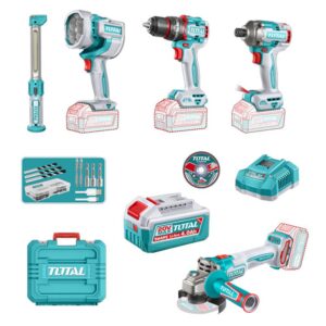 COMBO INALAMBRICO 20V TALADRO PERCUTOR 1/2 66 NM + PISTOLA IMPACTO 1/4 285 NM + PULIDORA 4 1/2 1000W + LAMPARA DE TRABAJO 2000 LM + LAMPARA DE TRABAJO 300 LM INCLUYE 2 BATERIAS 4.0AH , CARGADOR Y ACCESORRIOS INDUSTRIAL SUPER TOTAL (UTOSLI250692)