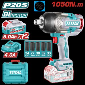 PISTOLA IMPACTO INALAMBRICA 3/4 20V 1050 NM INCLUYE 2 BATERIAS 5.0AH + CARGADOR Y 5 COPAS 24,27,30,32,33 MM, INDUSTRIAL SUPER TOTAL (UTIWLI20105)