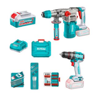 COMBO INALAMBRICO 20V TALADRO PERCUTOR 1/2" 66 NM + PISTOLA DE IMPACTO 1/4" 285 NM + TALADRO ROTOMARTILLO SDS PLUS 4.5 JULES INCLUYE 2 BATERIA 5.0AH , 1 CARGADOR Y ACCESORIOS INDUSTRIAL SUPER TOTAL (UTOSLI250693)
