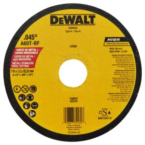 DISCO DEWALT CORTE METAL/ACERO INOX 4/12 PLANO AMARILLO ALEMAN (DW8062)