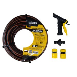 MANGUERA DE JARDIN UDUKE USO DOMESTICO-INDUSTRIAL X 15 METROS (FENIX-BICOLOR)ACOPLE RAPIDO Y PISTOLA