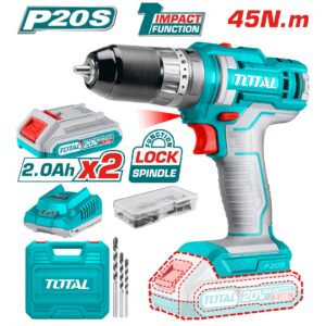 TALADRO INALAMBRICO 1/32/3/8" 20V INCLUYE 2 BATERIA 2.0Ah, 1CARGADOR Y 50 ACCESORIOS CAJA PLASTICA INDUSTRIAL TOTAL(UTIDLI201452)