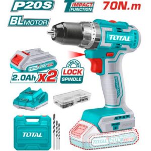 TALADRO INALAMBRICO 2-13" 20V INCLUYE 2 BATERIA 2.0Ah, 1CARGADOR Y 50 ACCESORIOS MOTOR SIN ESCOBILLAS CAJA PLASTICA INDUSTRIAL TOTAL(UTIDLI20605