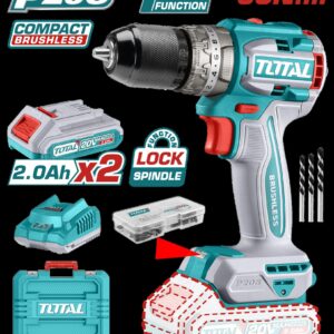 TALADRO DE IMPACTO INALAMBRICO 1/2 20V 60NM INCLUYE 2 BATERIA DE 2.0AH, CARGADOR,47 ACCESORIOS,3 BROCAS CONCRETO TOTAL (UTIDLI20602)