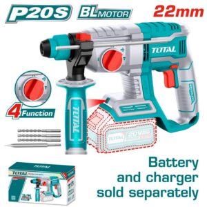 TALADRO ROTOMARTILLO INALAMBRICO SDS PLUS 20V 2.0 JOULES INDUSTRIAL INCLUYE 3 BROCAS Y 1 CINCEL BATERIA Y CARGADOR NO INCLUIDO TOTAL (TRHLI20208)