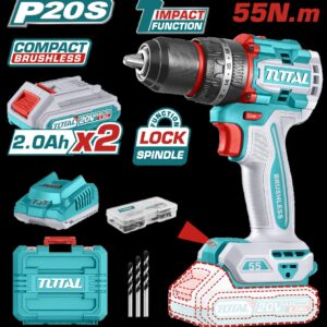 TALADRO INALAMBRICO PERCUTOR 1/2 20V 55NM INCLUYE 2 BATERIA DE 2.0AH, CARGADOR,47 ACCESORIOS,3 BROCAS CONCRETO INDUSTRIAL SUPER TOTAL (UTIDLI20558)