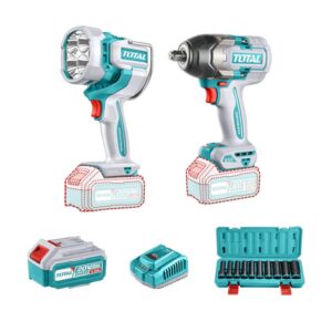 COMBO INALAMBRICO 20V PISTOLA IMPACTO INALAMBRICA 1/2 850NM + LAMPARA DE TRABAJO INALAMBRICA 2000 LUMENES + JUEGO DE COPA ( 10-24MM) INCLUYE 2 BATERIAS 5.0 AH, CARGADOR Y SUPER TOTAL ( UTOSLI241181)