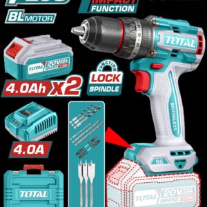 TALADRO INALAMBRICO PERCUTOR 1/2" 96NM 20V CAJA PLASTICA INCLUYE 2 BATERIAS 20V (4.0 AH), 1 CARGADOR Y ACCESORIOS INDUSTRIAL SUPER TOTAL (UTIDLI20968)