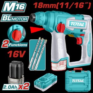 TALADRO INALAMBRICO ROTOMARTILLO SDS PLUS 11/16" 16V + 3 BROCAS INCLUYE 2 BATERIAS (2.0AH) Y 1 CARGADOR INDUSTRIAL SUPER TOTAL (UTRHLI16168)