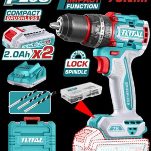 TALADRO INALAMBRICO PERCUTOR 1/2 20V 76 N.M INCLUYE 2 BATERIA DE 2.0AH, CARGADOR,47 ACCESORIOS,3 BROCAS CONCRETO INDUSTRIAL SUPER TOTAL (UTIDLI20768)