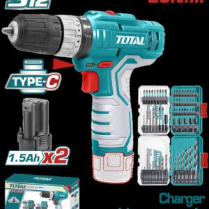 TALADRO INALAMBRICO 3/8 12V 20NM INCLUYE 2 BATERIA DE 2.0 AH + PUNTA TALADRO Y BROCA INDUSTRIAL SUPER TOTAL (UTOSLI241197)