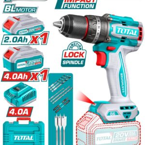 TALADRO INALAMBRICO PERCUTOR 1/2" 86NM 20V CAJA PLASTICA INCLUYE 1 BATERIA 2.0 AH, 1 BATERIA 4,0 AH , CARGADOR Y ACCESORIOS INDUSTRIAL SUPER TOTA L (UTIDLI20868)