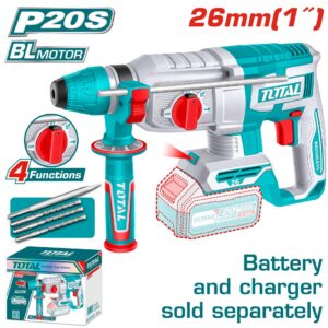 TALADRO ROTOMARTILLO 1" 20V SDS PLUS 2,5 JULES INCLUYE 3 BROCAS Y 1 CINCEL CARGADOR Y BATERIA NO INCLUIDO INDUSTRIAL TOTAL (TRHLI20268)