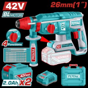 TALADRO ROTOMARTILLO SDS PLUS 42V 2.5 JULES INCLYE 2 BATERIAS 2.0 AH, 1 CARGADOR Y ACCESORIOS INDUSTRIAL SUPER TOTAL (UTRHLI422682)