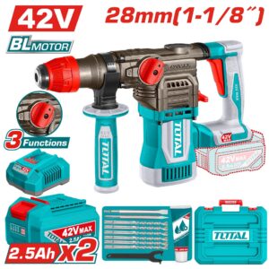 TALADRO ROTOMARTILLO 1-1/8" SDS PLUS 42V 4.5 JULES INCLYE 2 BATERIAS 2.5 AH, 1 CARGADOR Y ACCESORIOS INDUSTRIAL SUPER TOTAL (UTRHLI422882)