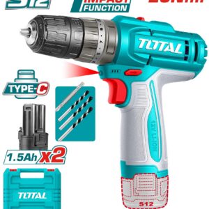TALADRO INALAMBRICO PERCUTOR 1/32-3/8" 12V 20NM INCLUYE 2 BATERIAS 1.5 AH SUPER TOTAL (TIDLI12206)