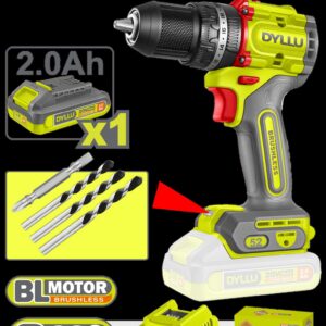 TALADRO INALAMBRICO PERCUTOR 1/2" 52 NM 20V CAJA CARTON INCLUYE 1 BATERIAS 20V (2.0AH), 1 CARGADOR Y ACCESORIOS DYLLU (UDTCDP5282)