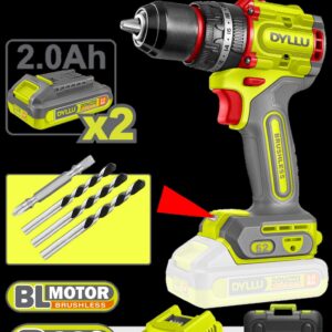 TALADRO INALAMBRICO PERCUTOR 1/2" 62 NM 20V CAJA PLASTICA INCLUYE 2 BATERIAS 20V (2.0AH), 1 CARGADOR Y ACCESORIOS DYLLU (UDTCDP6281)